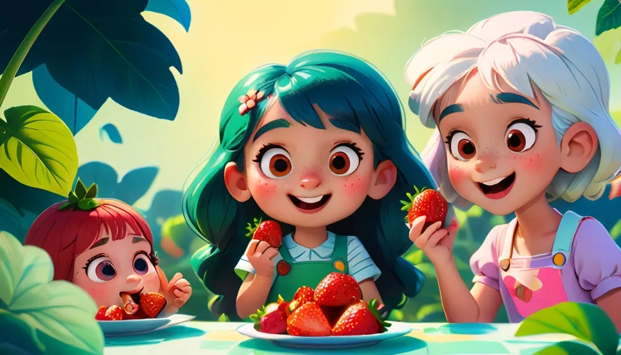 a group of children sitting at a table eating strawberries