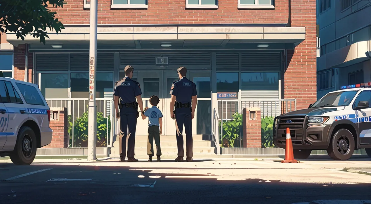 two police officers standing in front of a police station