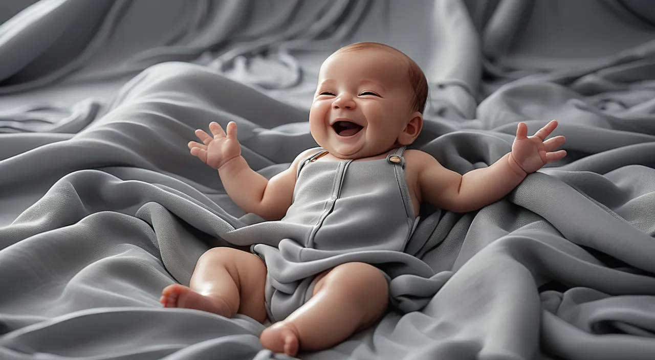 a baby laughing while laying on a blanket