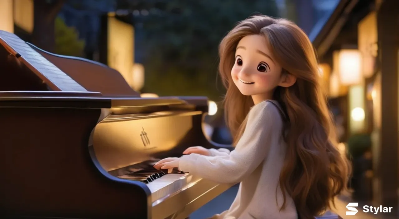 A young beautiful girl with long hair, full body,the girl smiles and plays the piano.