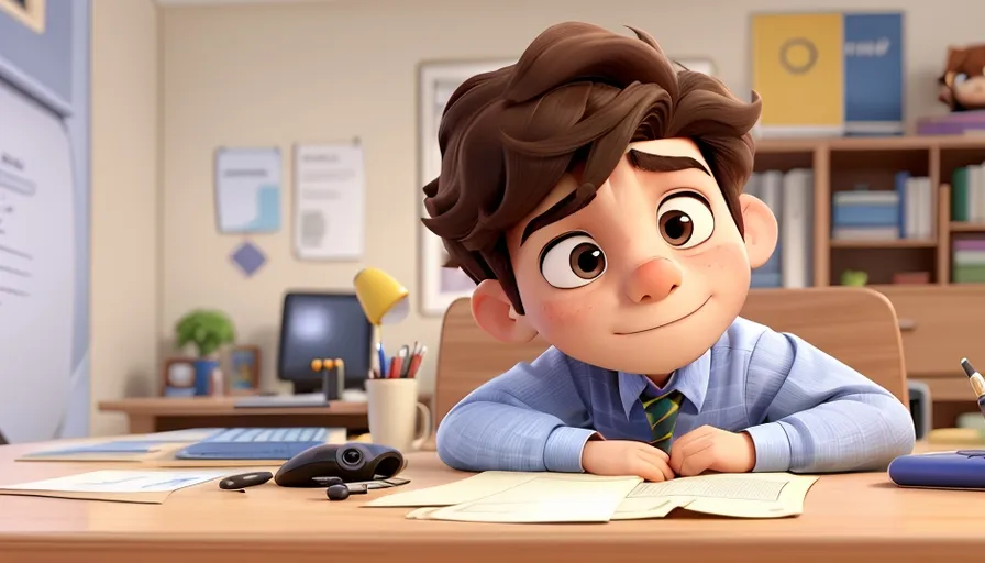 a cartoon character is sitting at a desk