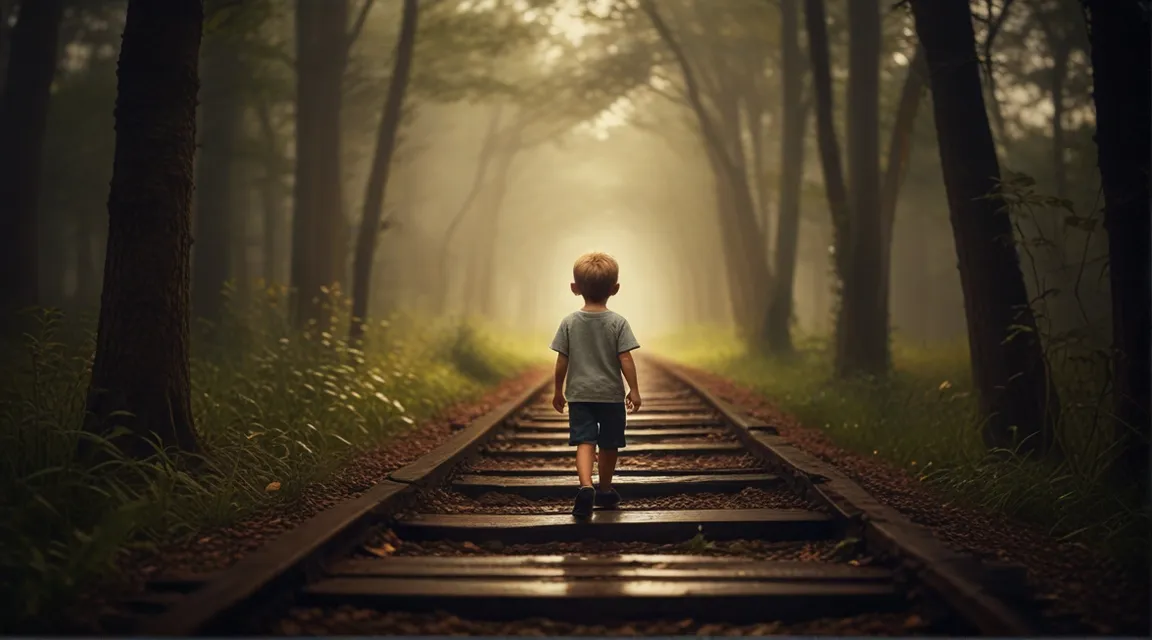 a young boy walking down a train track in the woods