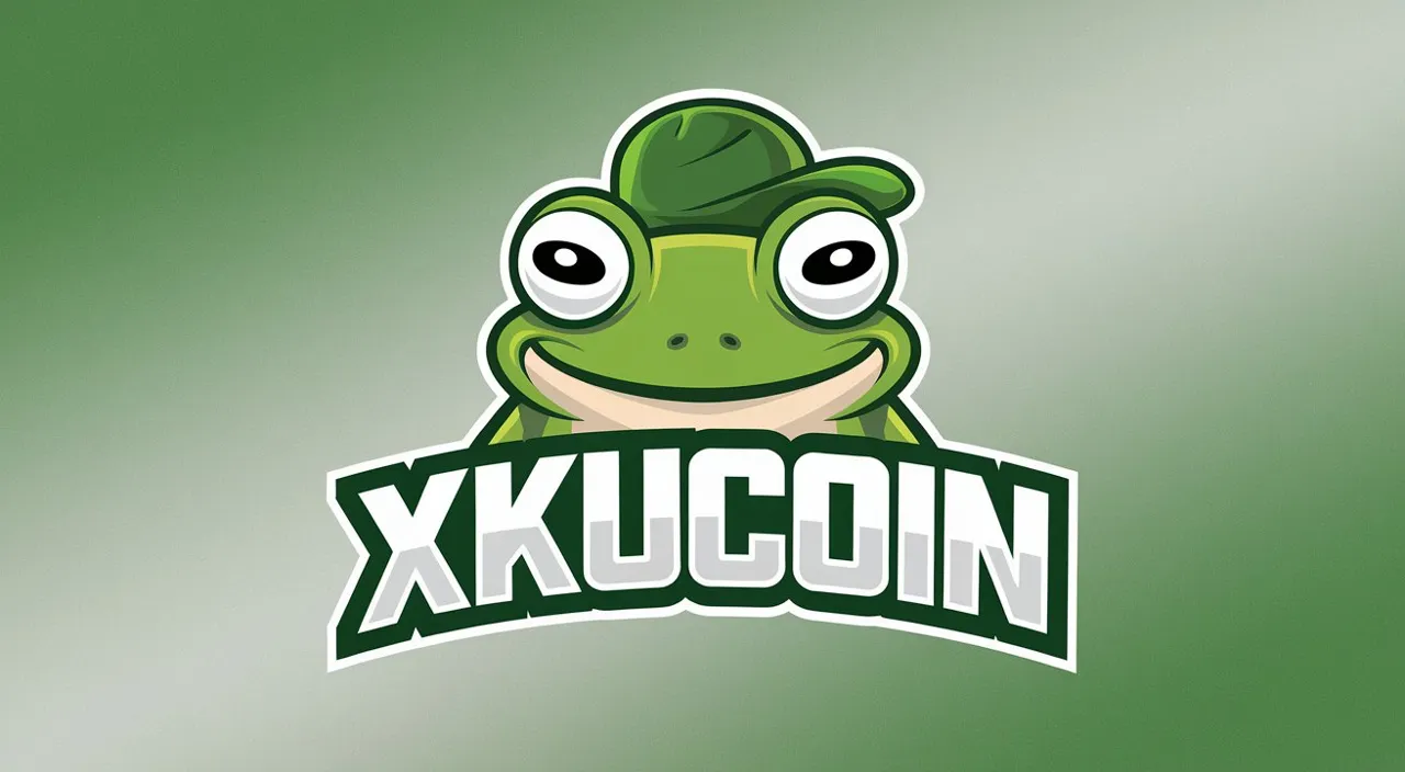 word xKuCoin, A green cartoon frog mascot with a hat on its head winks at the viewer, hight quality, hd 1:1 | blur, poor picture clarity