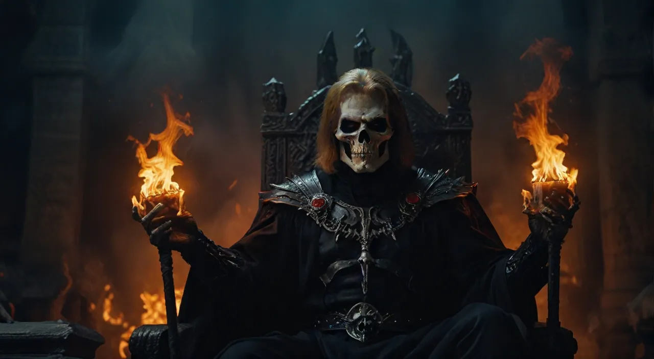 a skeleton sitting on a throne with flames in his hands