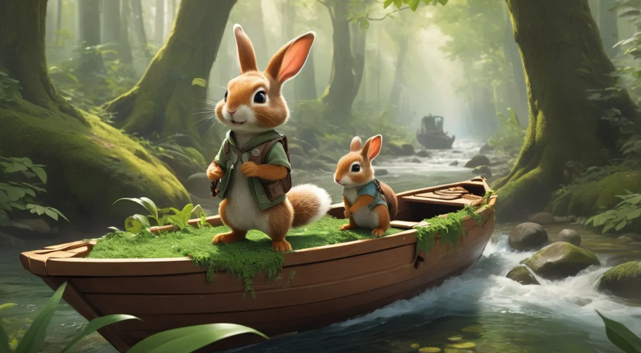  a rabbit and a squirrel in a boat enjoying