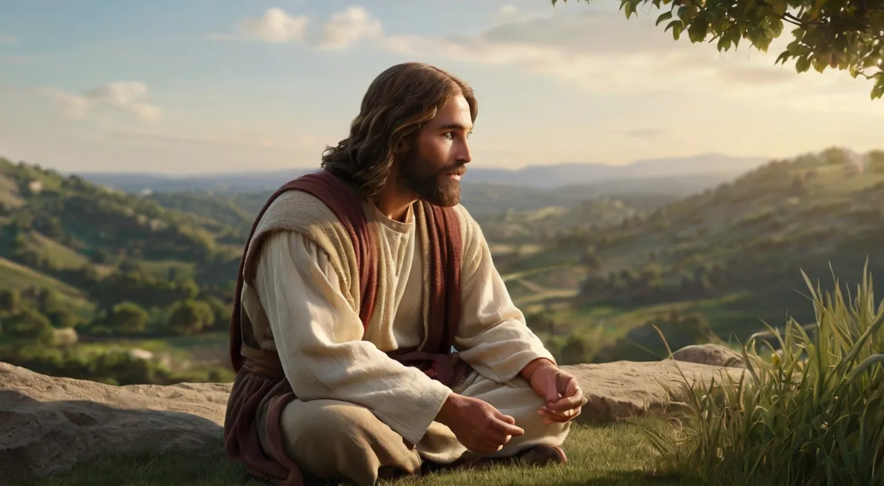 a man sitting on top of a lush green field