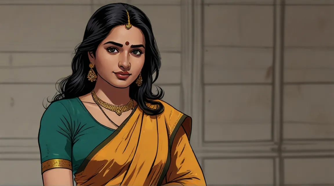 a cartoon of a woman in a green and yellow sari