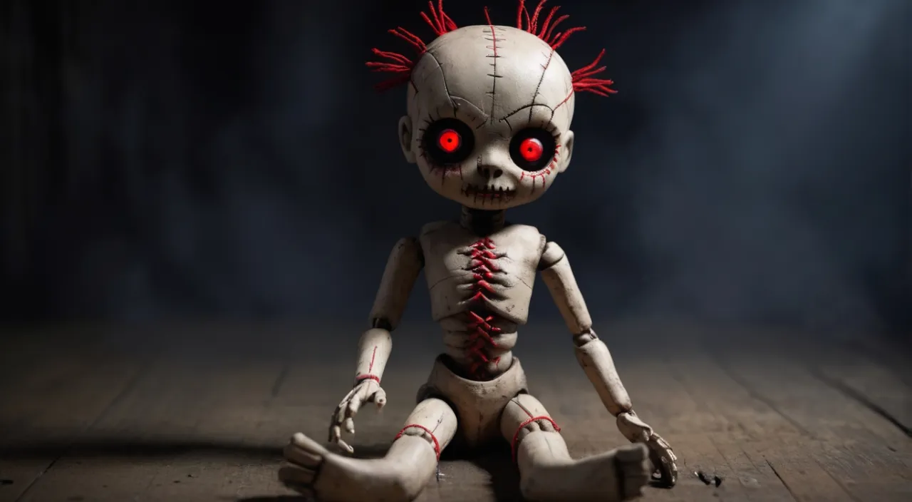 a creepy doll with red eyes sitting on a wooden floor