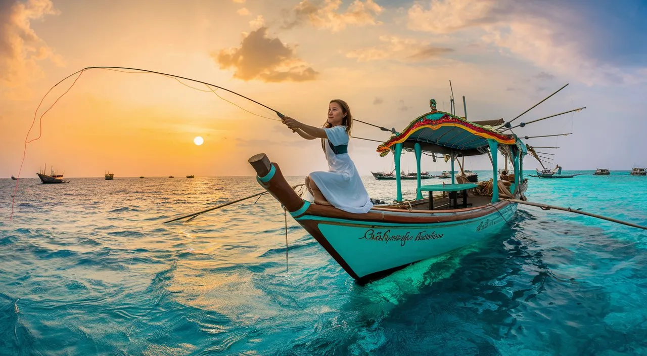 Wide shot of a woman on a traditional fishing boat, casting a line into the water at the Maldive 