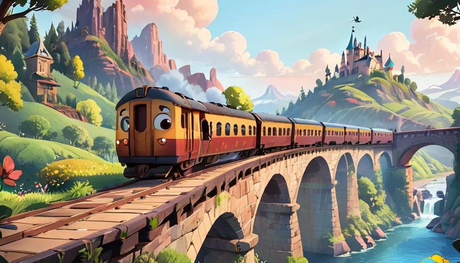 a train traveling over a bridge with a castle in the background