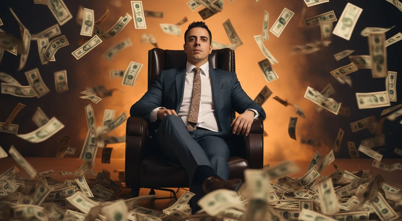 a man sitting in a chair surrounded by money