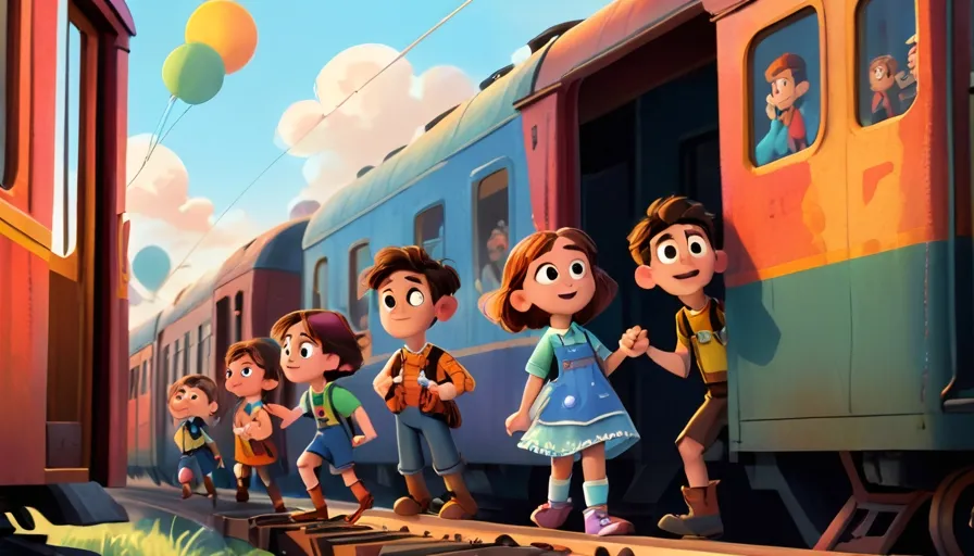 a group of children standing on the side of a train