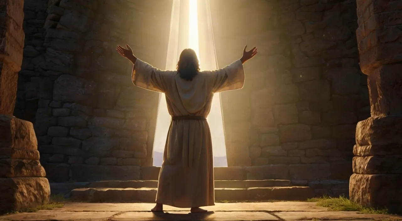 jesus standing in front of a doorway with his arms outstretched