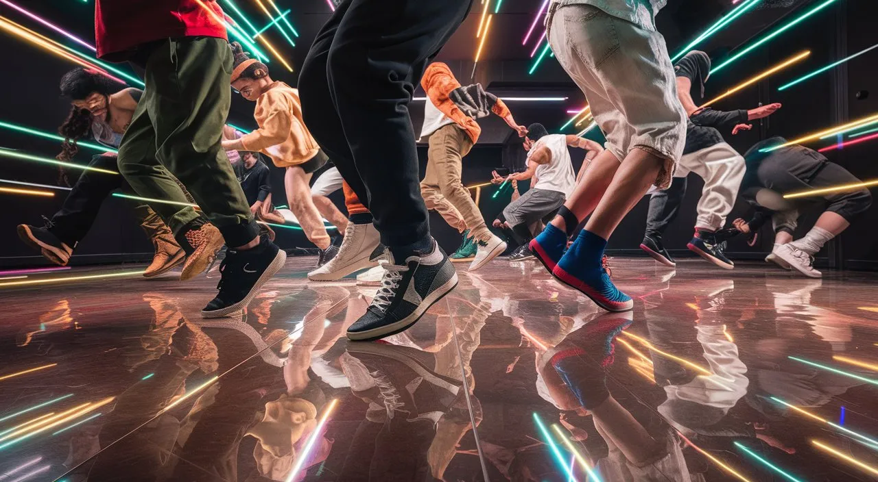 a group of people dancing on a dance floor