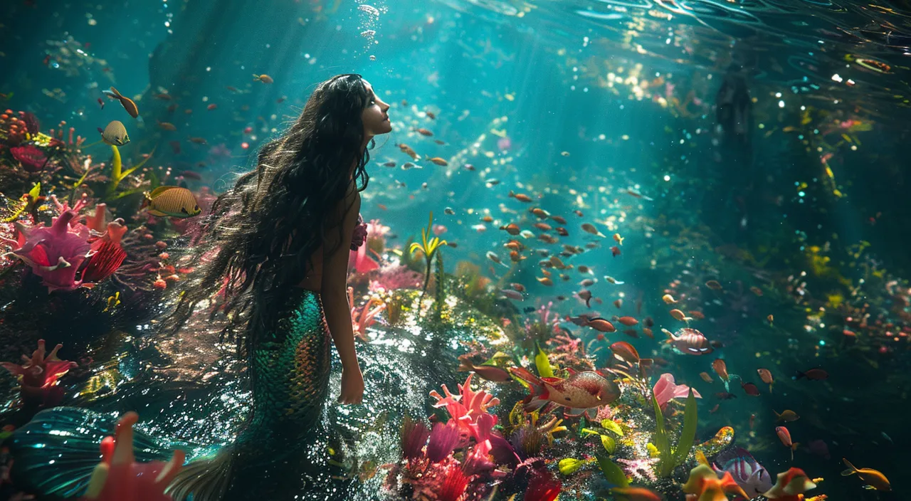 a woman is standing in the water surrounded by fish