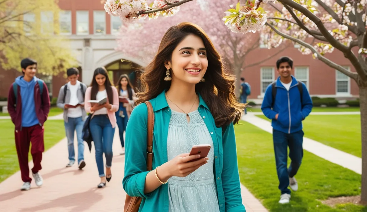 Campus Serenade: On a university campus, a Pakistani girl walking under a blossoming tree, a Bollywood song softly playing from her phone. The 4K wide shot captures students walking by and studying, but her smile and dreamy gaze reveal she is thinking about her boyfriend, who is attending a university in the United States, lost in her own romantic world.