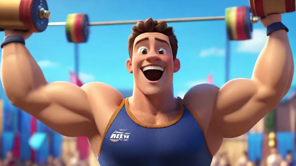 a guy character holding a barbell in front of a stadium