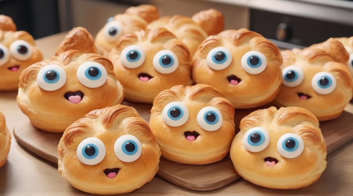 a close up of a bunch of doughnuts with  cute eyes, they wink their eyes