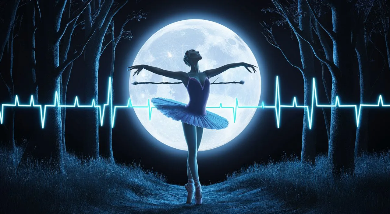 Close-up of the ballerina's rapid heartbeat, highlighted by the bright light of the full moon, while she is in the forest