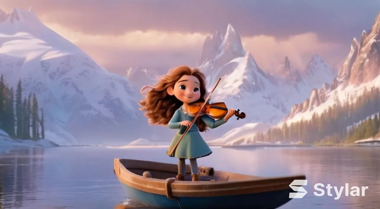 A young and beautiful girl with long hair, the girl smiles, the girl plays the violin while standing on a boat in a large lake, surrounded by snow-capped mountains