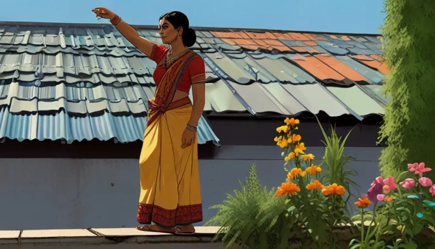 a woman in a yellow sari pointing to the sky