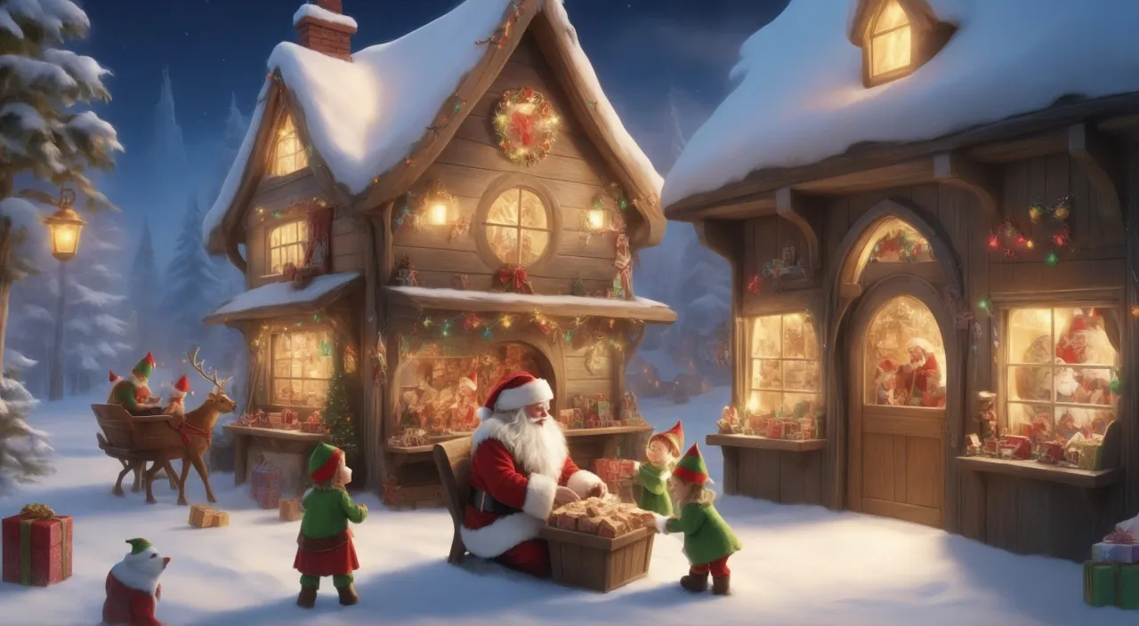 a christmas scene with a santa clause sitting in a chair ,snow falling on them