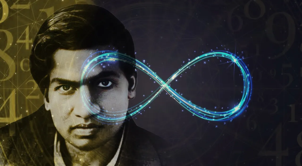 A geometric, minimalist portrait of Srinivasa Ramanujan using mathematical shapes and equations to form the image