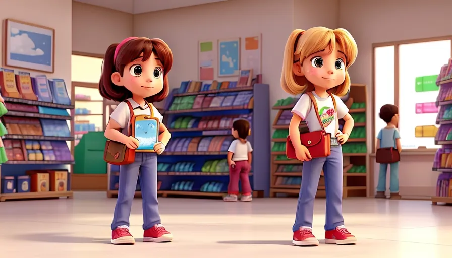 two young girls standing in front of a store filled with books