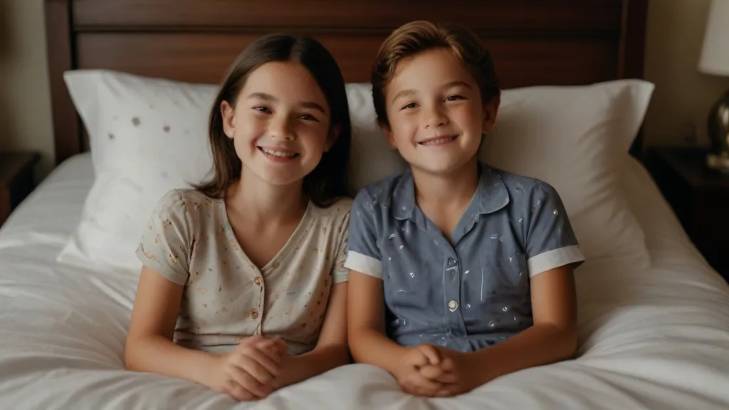 a couple of kids sitting on top of a bed