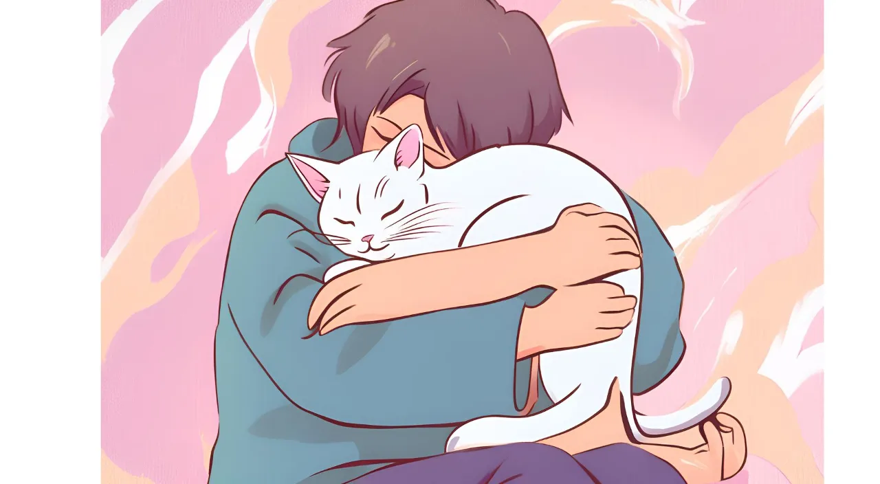 a person hugging a cat with a pink background