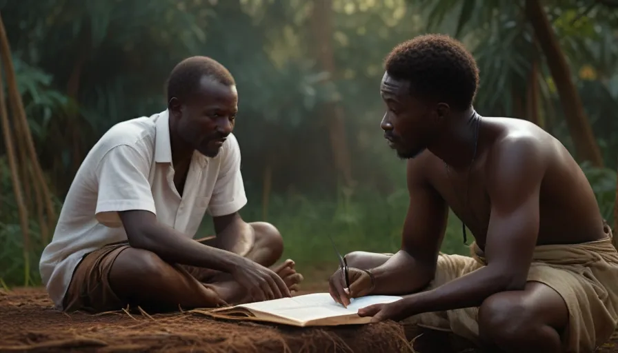 two men sitting on the ground writing on a piece of paper