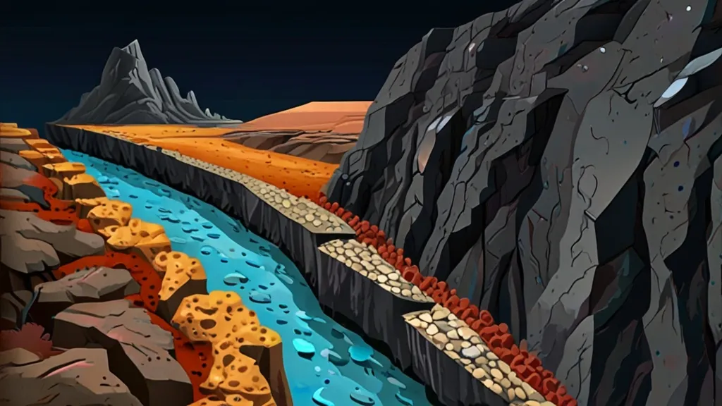 a painting of a river running through a rocky landscape