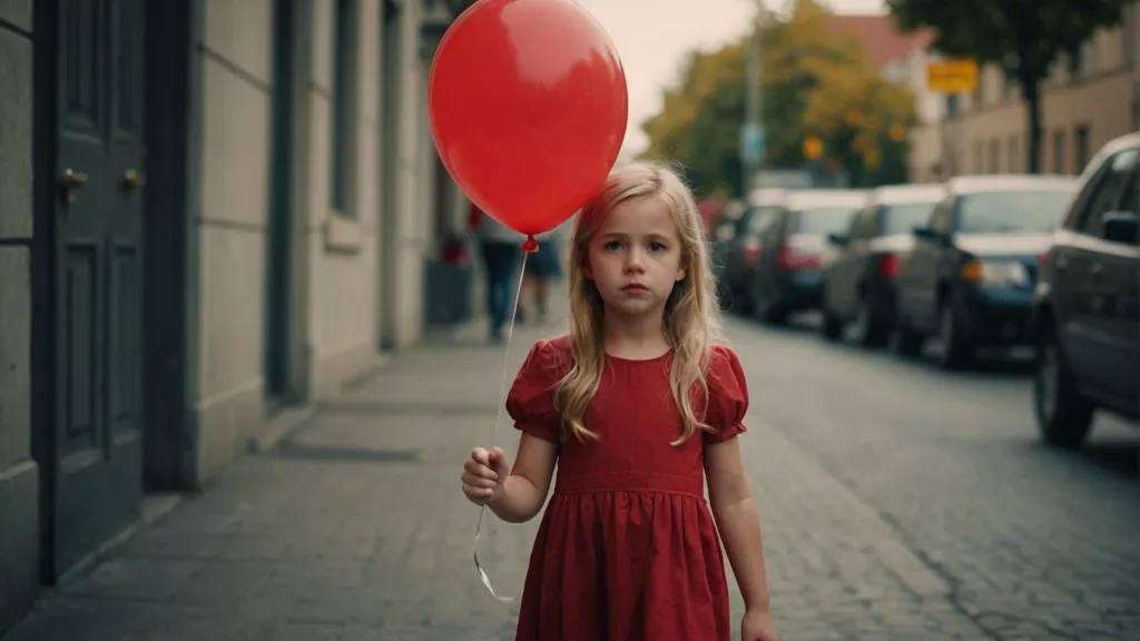 a little girl in a red dress close her eyes holding a red balloon