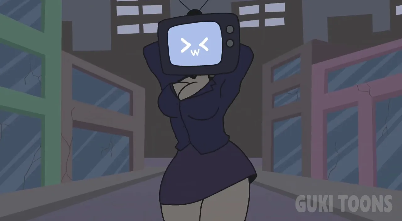 a cartoon of a woman with a tv on her head