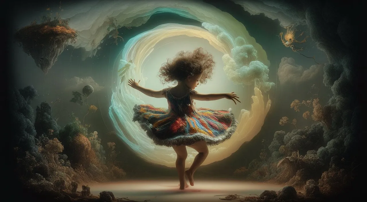 a little girl in a dress is dancing in front of a painting