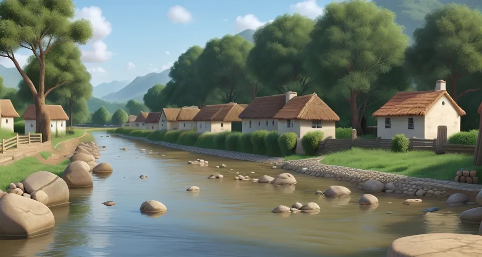 a painting of a river running through a village