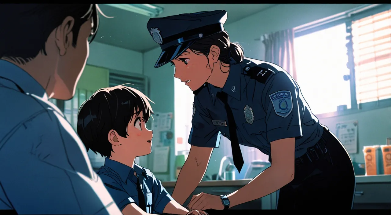 a police officer and a general lady is talking to a child in a classroom