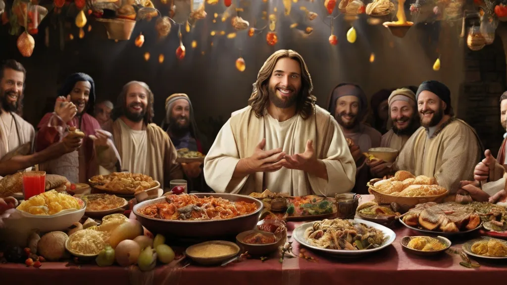 a group of people standing around a table full of food