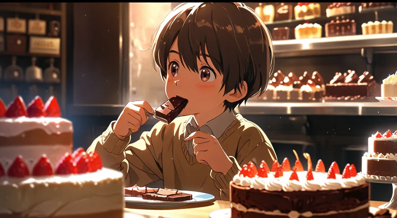 a boy eating a piece of chocolate cake in a cake shop