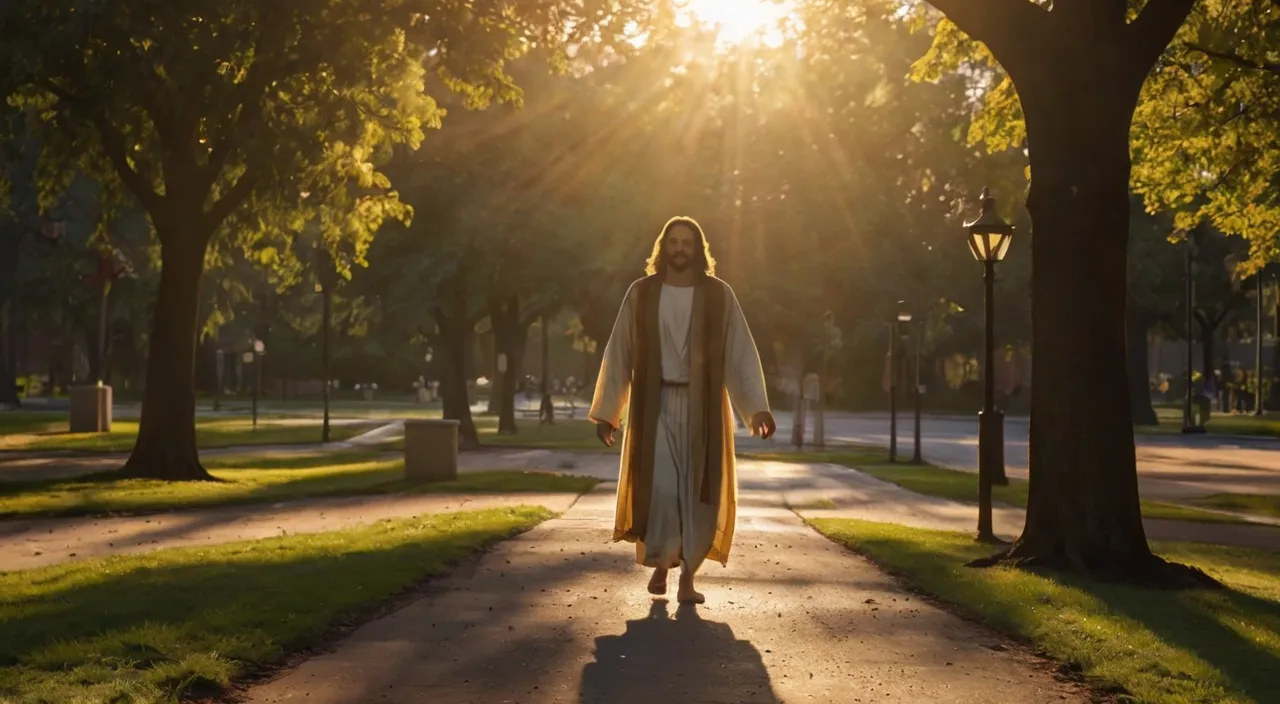 a woman walking down a path in a park