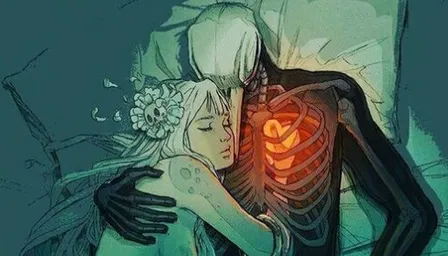 a drawing of a woman hugging a skeleton