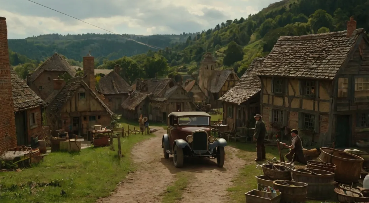 an old car parked on a dirt road in a village