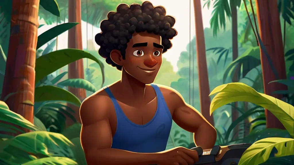 a man in a blue tank top in a jungle, 3d animation