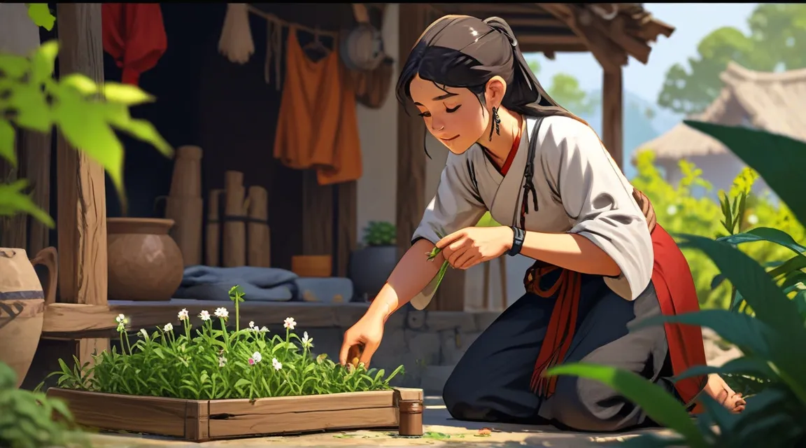 a woman kneeling down next to a box of flowers