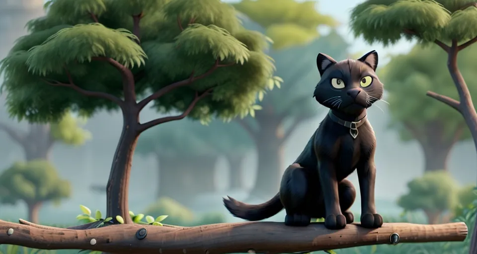 a black cat sitting on top of a tree branch telling a story