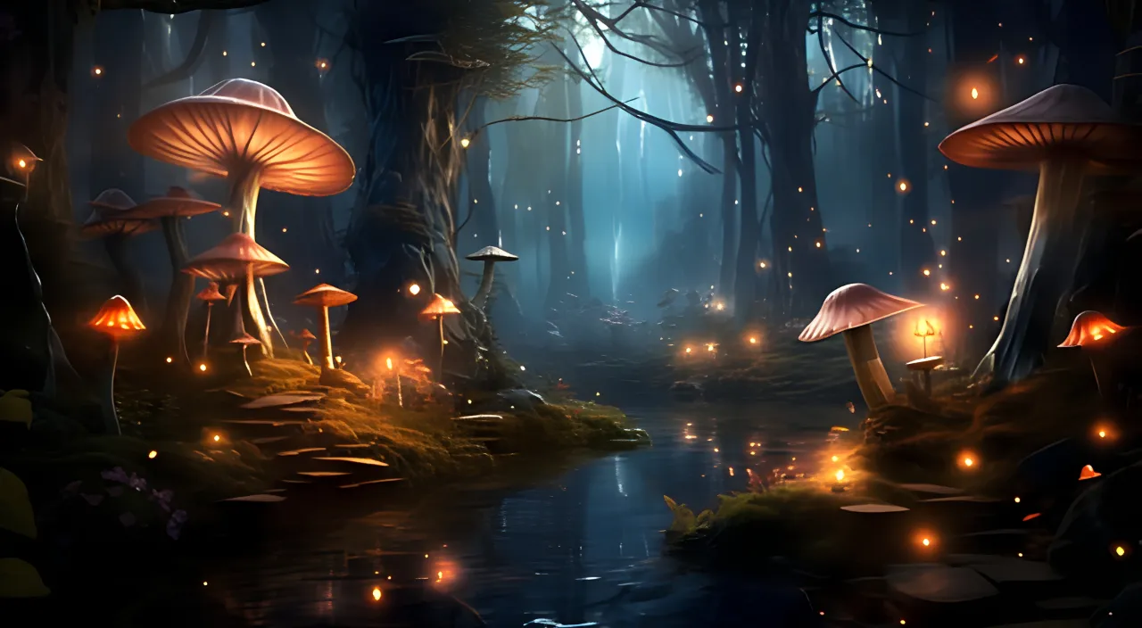 a painting of a forest with mushrooms and fireflies