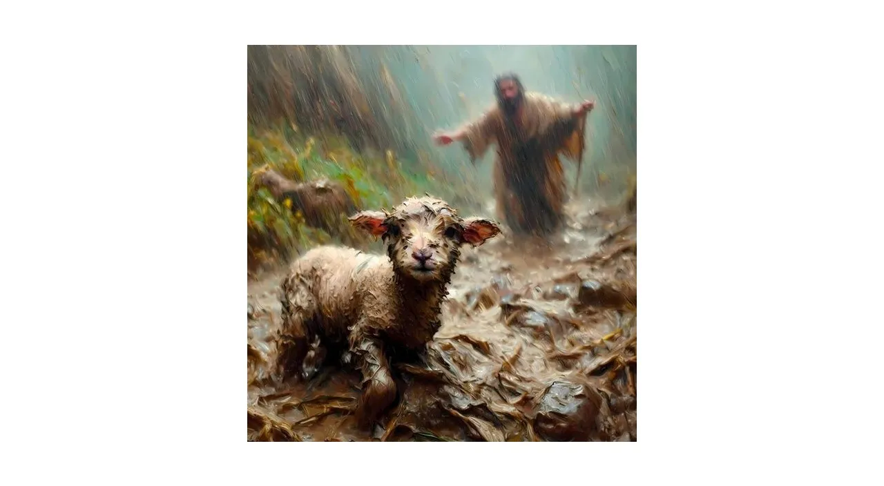 a sheep and a man in the rain