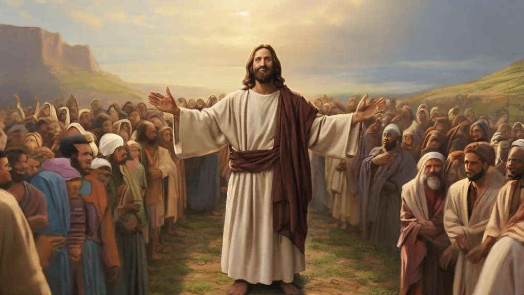 a painting of jesus standing in front of a crowd of people