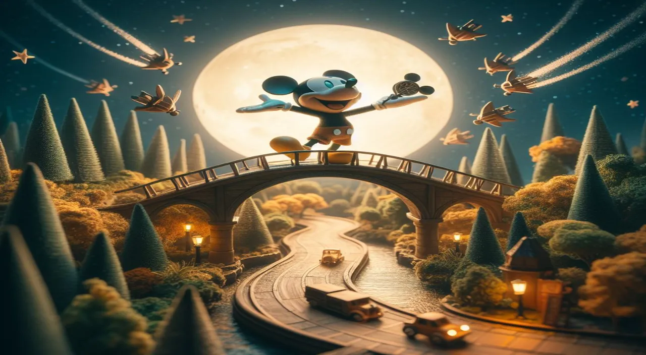 a cartoon mickey mouse on a bridge over a road