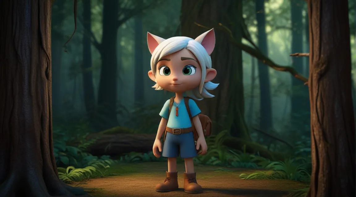 a cartoon character standing in the middle of a forest